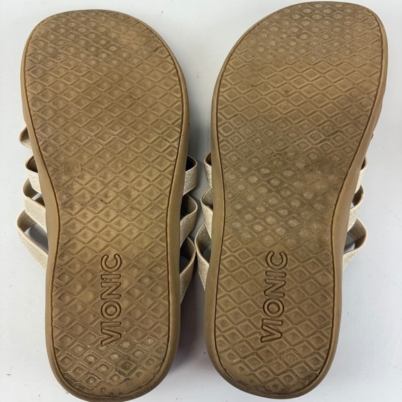 Vionic Tia Womens 8 Champagne Gold Metallic Woven Thong Sandal Stretch Gore - Picture 5 of 6